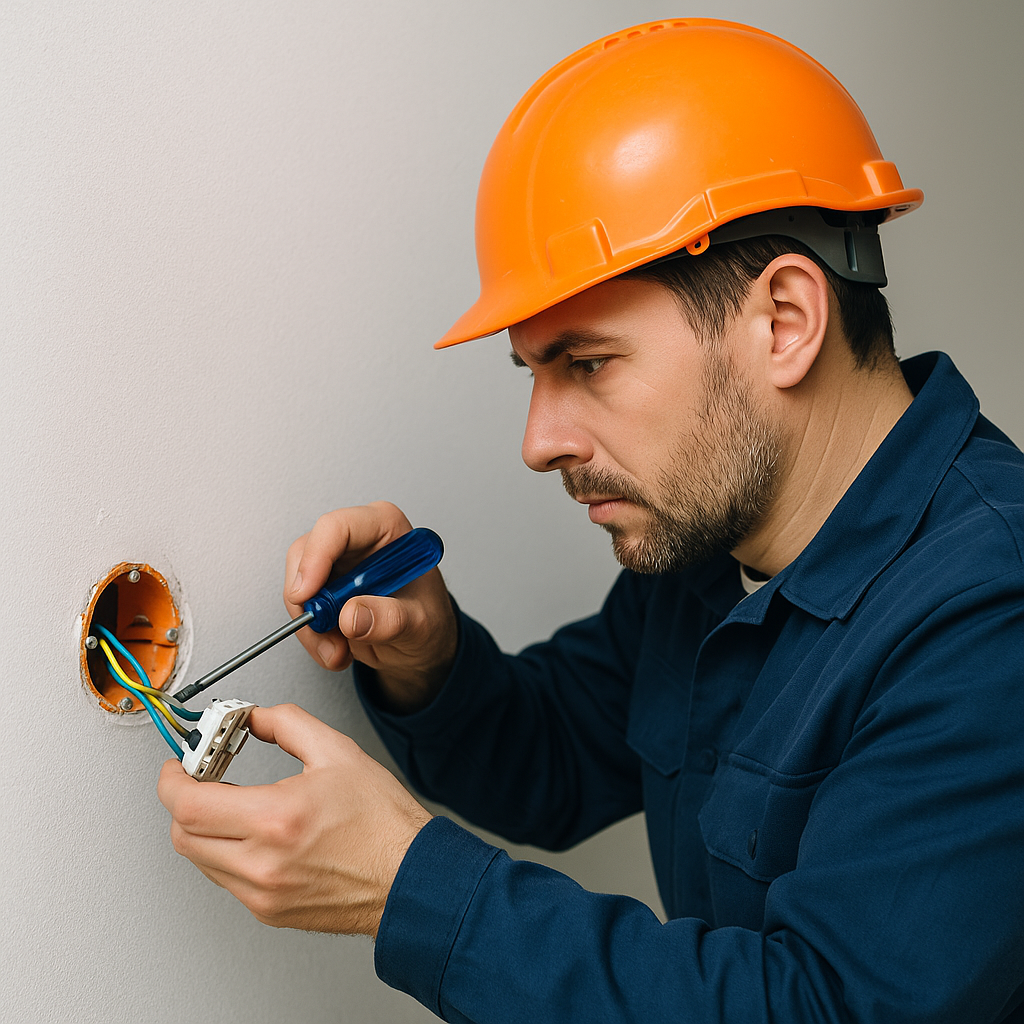 Technicien électricien en intervention d'urgence avec outils professionnels et équipement de sécurité pour dépannage électrique 24h/24